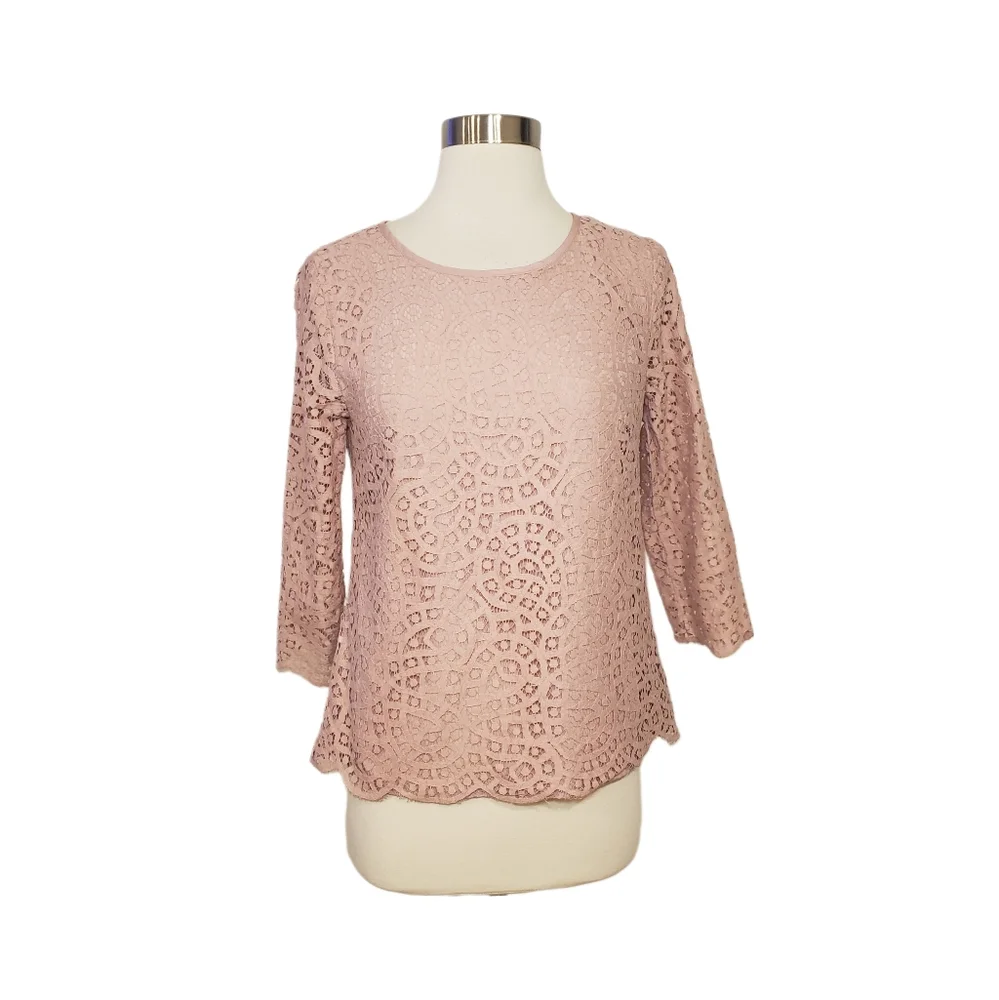 J. Crew Size 4 Ballet Pink Eyelash Lace Three Quarter Sleeve Top